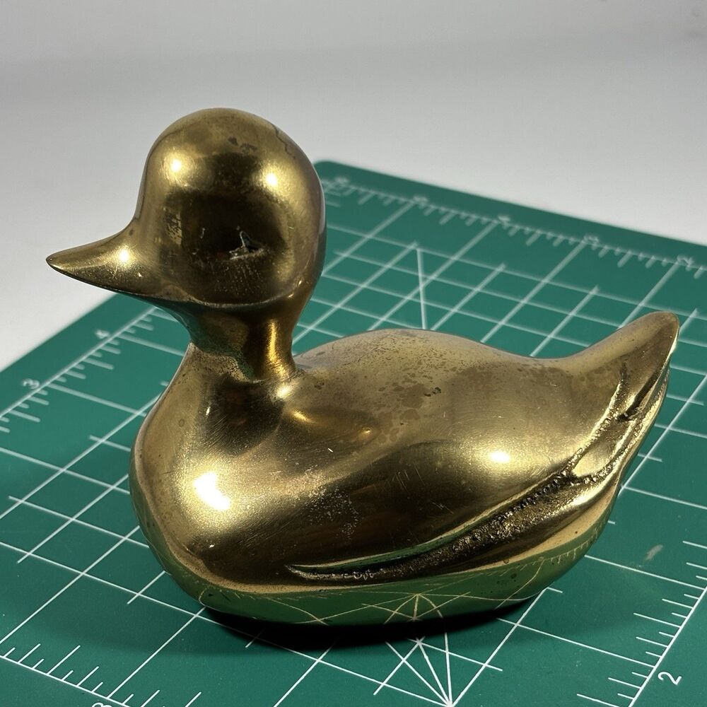 Vintage SOLID BRASS Genuine Mallard DUCK Mid Century Farm FIGURINE Paperweight